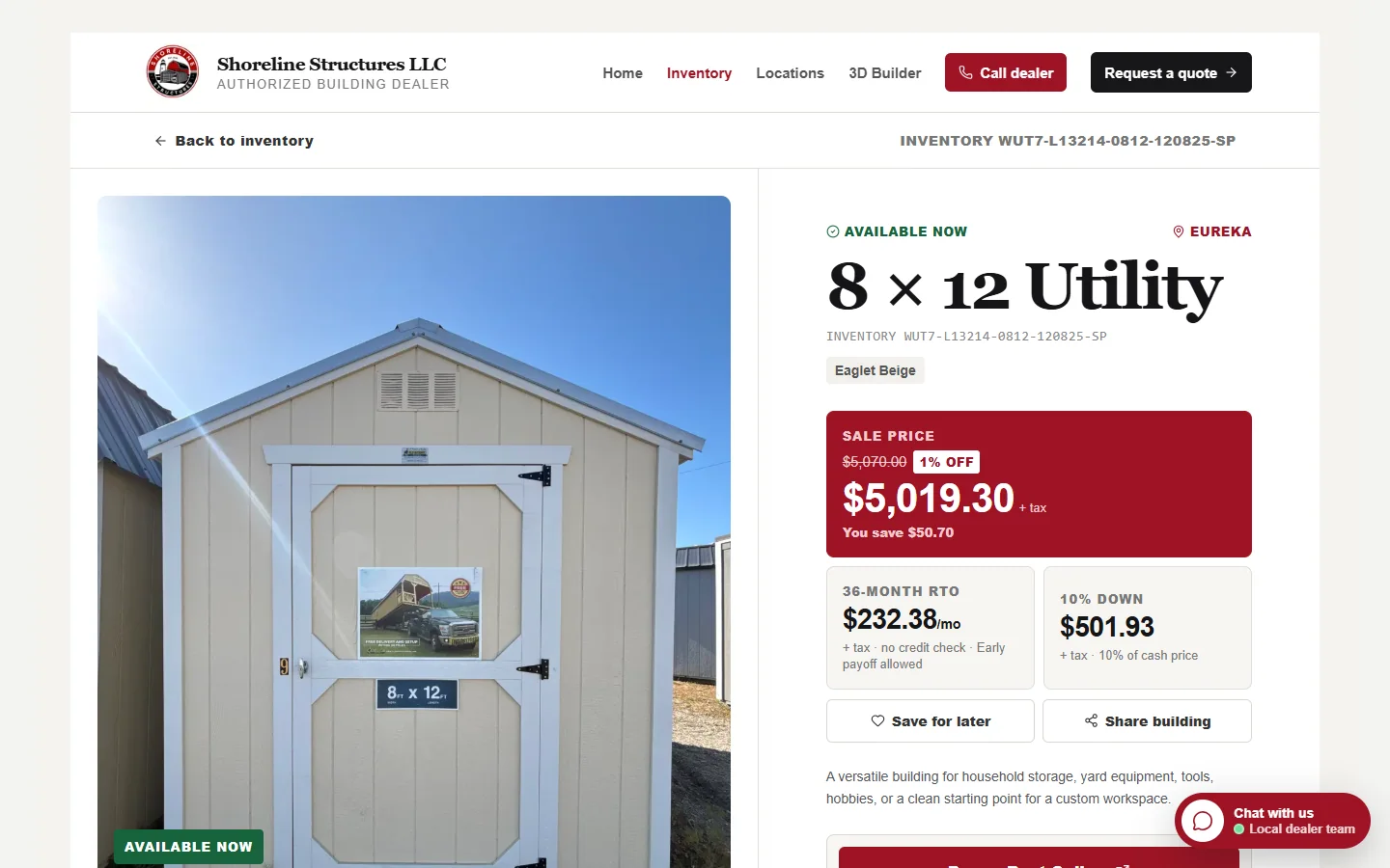 Customer building detail page with cash price, RTO and down payment