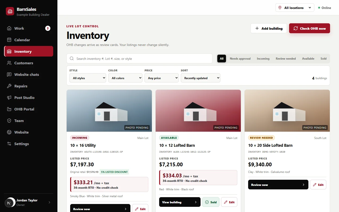 Inventory cards showing incoming, available and review-needed states