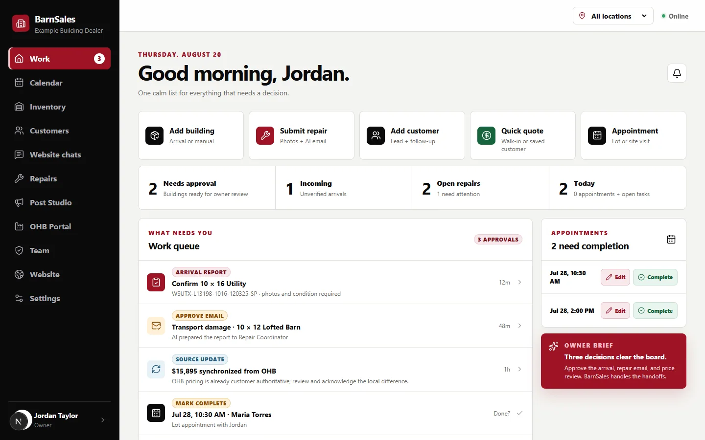 BarnSales dashboard with work queue and appointments
